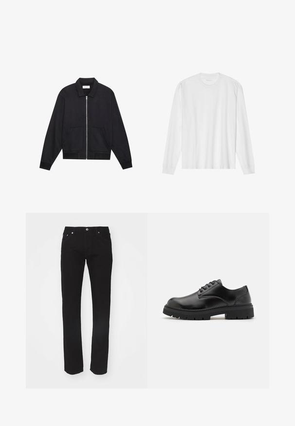 Veste noire zippée avec col, deux poches avant, poignets côtelés et finition en tissu texturé. Design simple et moderne.; T-shirt blanc en coton à manches longues avec col rond, doté de poignets côtelés et d'un ourlet droit, texture lisse et design minimaliste.; Jean en denim noir avec une coupe droite, design à cinq poches et fermeture à bouton métallique à la taille. Texture lisse, sans motifs visibles.; Chaussures en cuir noir avec un bout rond, un laçage et une semelle en caoutchouc épaisse et texturée. Présente des coutures le long du bord et une finition lisse.
