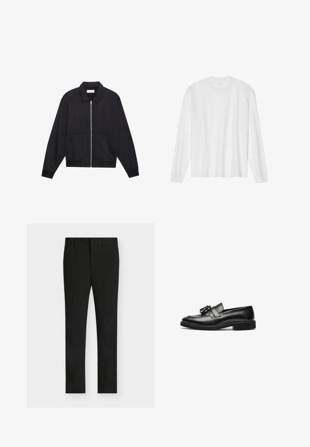Schwarze Zip-Jacke mit Kragen, zwei Fronttaschen, gerippten Bündchen und einer strukturierten Stoffoberfläche. Einfaches und modernes Design.; Weißes langärmeliges Baumwoll-T-Shirt mit Rundhalsausschnitt, mit gerippten Bündchen und geradem Saum, glatter Textur und minimalistischem Design.; Schwarze Slim-Fit-Hose mit Gürtelschlaufen, Frontreißverschluss und flacher Vorderseite, dargestellt auf hellem grauem Hintergrund.; Schwarze Leder-slipper mit glatter Oberfläche, abgerundetem Zeh und einer dekorativen Quaste am Riemen. Flache Sohle und dezente Nähte.