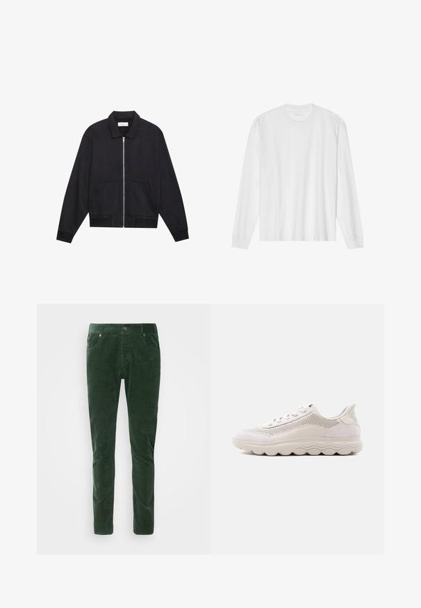 Sort lynlåsjakke med krave, to frontlommer, ribbede manchetter og en struktureret stoffinish. Enkel og moderne design.; Hvid, langærmet t-shirt i bomuld med rund hals, med ribbede ærmeafslutninger og en lige kant, glat tekstur og minimalistisk design.; Grønne kordfløjelbukser med lige pasform. Har fem lommer, metalknaplukning og ribbet tekstur. Maskinvaskbare.; Lysebeige sneaker i mesh og ruskind med snørelukning og bølget tyk sål, vist fra siden mod en ensfarvet baggrund.