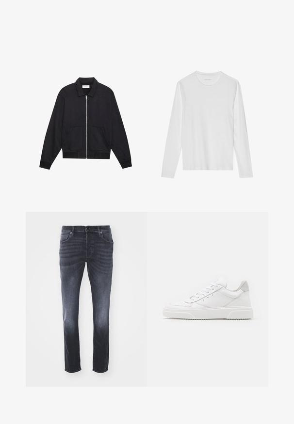Chaqueta negra con cremallera y cuello, dos bolsillos frontales, puños acanalados y un acabado de tela texturizada. Diseño simple y moderno.; Camiseta blanca de manga larga hecha de algodón suave, con cuello redondo y una textura lisa sin patrones ni detalles visibles.; Vaqueros de mezclilla gris oscuro con un diseño clásico de pierna recta, que incluyen bolsillos frontales, cremallera con cierre de botón y un ligero desgastado.; Zapatillas de cuero blanca con un acabado suave, punta redondeada, cordones planos y una suela texturada. Acento de ante gris en el talón.