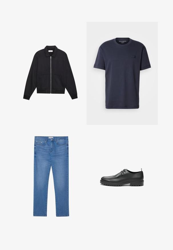 Schwarze Zip-Jacke mit Kragen, zwei Fronttaschen, gerippten Bündchen und einer strukturierten Stoffoberfläche. Einfaches und modernes Design.; Dunkelblaue Baumwoll-T-Shirt mit Rundhalsausschnitt, kurzen Ärmeln und einem rechteckigen Etikett mit dem Markennamen auf der Vorderseite.; Hellblaue Denim-Jeans mit geradem Bein, Fünf-Taschen-Design, subtilen Verwaschungen und metallischen Akzenten an der Taille und den Taschen.; Schwarze Lederschuhe mit glatter Oberfläche, runder Zehenform und dekorativer Naht. Mit einer Gummisohle mit Traktionsrillen und Schnürdesign.