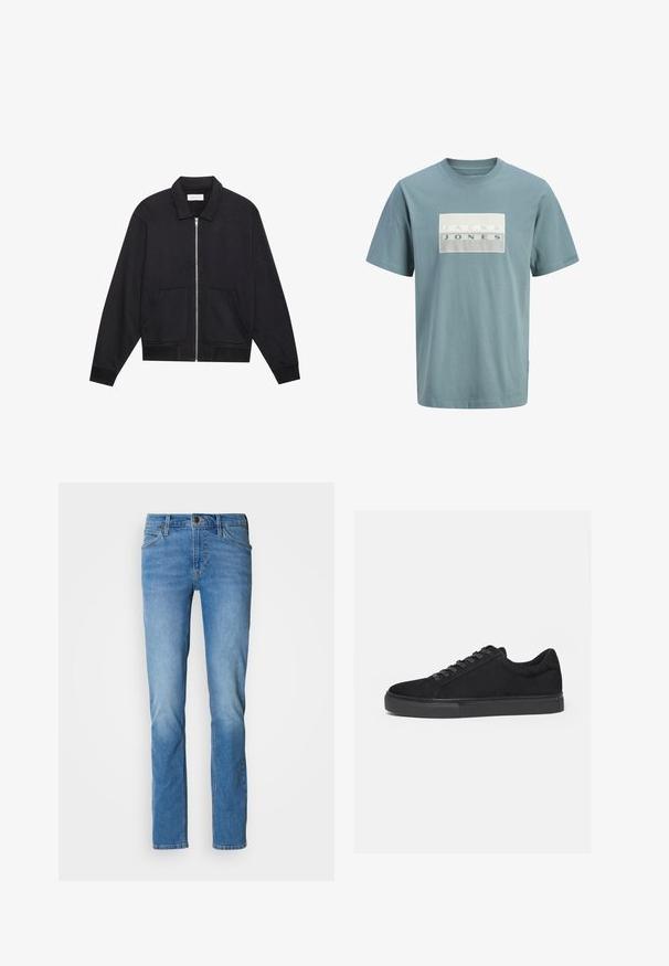 Schwarze Zip-Jacke mit Kragen, zwei Fronttaschen, gerippten Bündchen und einer strukturierten Stoffoberfläche. Einfaches und modernes Design.; Hellblaues T-Shirt mit kurzen Ärmeln und einem weißen rechteckigen Logo-Patch mit der Aufschrift "JACK & JONES" mittig auf der Brust.; Hellblaue Jeans aus Denim mit geradem Schnitt, ausgestattet mit dem traditionellen Fünf-Taschen-Design, Messingbeschlägen und dezentem Verblassen an den Oberschenkeln.; Schwarzer Low-Top-Sneaker mit Schnürung vorne und flacher Gummisohle, seitlich auf weißem Hintergrund dargestellt.