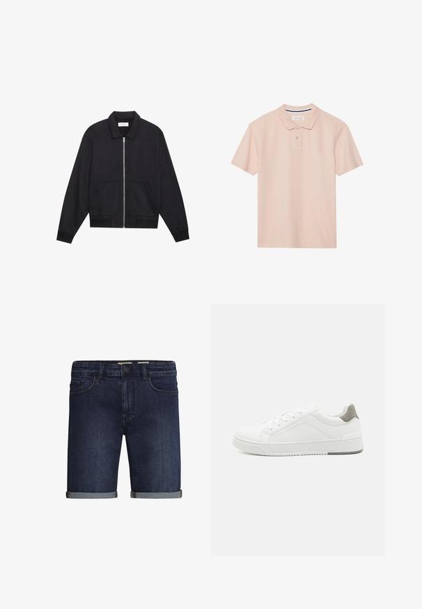 Schwarze Zip-Jacke mit Kragen, zwei Fronttaschen, gerippten Bündchen und einer strukturierten Stoffoberfläche. Einfaches und modernes Design.; Poloshirt in sanftem Rosa, mit kurzen Ärmeln, Kragen mit einer Knopfleiste aus drei Knöpfen, strukturiertem Stoff und einem dezenten Streifenmuster im Innenteil des Kragens.; Dunkelblaue Denim-Shorts mit klassischem Fünf-Taschen-Design, umgeschlagenem Saum und Knopfverschluss. Glatte Textur.; Weißer Sneaker aus glattem Leder, runde Zehenpartie, minimalistisches Design, graue Fersenkante und strukturierte Gummisohle.