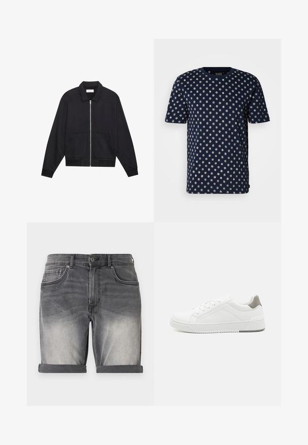 Veste noire zippée avec col, deux poches avant, poignets côtelés et finition en tissu texturé. Design simple et moderne.; T-shirt bleu marine à manches courtes avec un motif dispersé de points blancs et de dessins en forme d'éclats de soleil. Tissu doux avec un col rond.; Shorts en denim noir délavé avec un ourlet retroussé, comportant cinq poches et un léger effet délavé à l'avant. Fermeture classique à boutons.; Basket blanche en cuir lisse, à bout arrondi, design minimaliste, accent de talon gris et semelle en caoutchouc texturé.