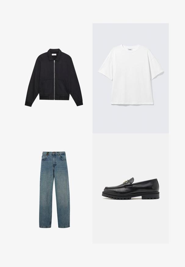 Veste noire zippée avec col, deux poches avant, poignets côtelés et finition en tissu texturé. Design simple et moderne.; T-shirt blanc oversize à manches courtes, col rond, épaules tombantes, posé à plat sur fond gris clair.; Jeans en denim bleu délavé avec une coupe droite, style à cinq poches et fermeture à bouton. Le matériau présente une légère texture et des signes d'usure.; Mocassins en cuir noir avec une finition lisse, bout rond, une sangle décorative avec des accessoires en or, et une semelle noire robuste.