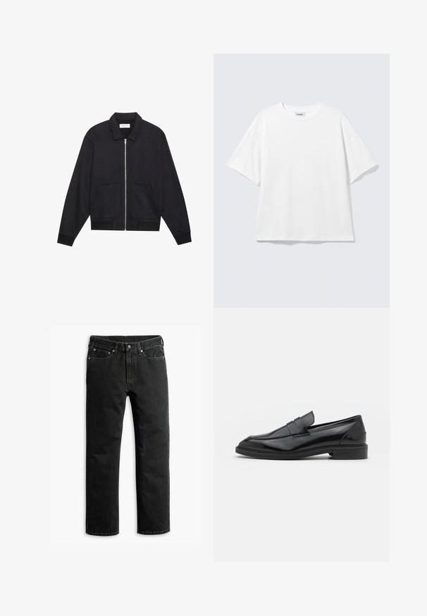 Sort lynlåsjakke med krave, to frontlommer, ribbede manchetter og en struktureret stoffinish. Enkel og moderne design.; Hvid oversized t-shirt med korte ærmer og rund halsudskæring med sænkede skuldre, fladt lagt på lys grå baggrund.; Sorte lige ben denim jeans med fem lommer, bæltestropper og en knaplukning i taljen, lagt fladt på en hvid baggrund.; Sorte læder loafers med en glat overflade, der har en rund tå og en smal bånd over det øverste. Lav stablet hæl.