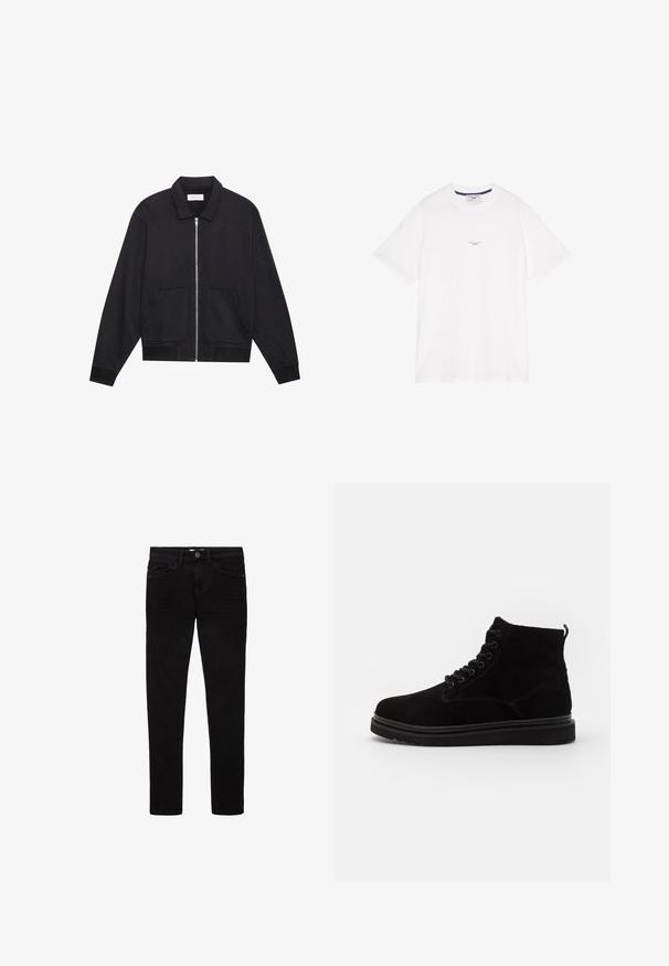 Schwarze Zip-Jacke mit Kragen, zwei Fronttaschen, gerippten Bündchen und einer strukturierten Stoffoberfläche. Einfaches und modernes Design.; Weißes Baumwoll-T-Shirt mit kurzen Ärmeln, Rundhalsausschnitt und dezentem Text in der Mitte. Glatte Textur und entspannter Schnitt.; Schwarze Jeans aus Denim mit schlanker Passform, fünf Taschen und Knopfverschluss. Glatte Textur und minimale Nähte.; Schwarze Wildleder-Ankle-Boots mit runder Zehenpartie, Schnürdesign und einem Zugriemen. Verfügt über eine kontrastierende schwarze Gummisohle und dezente Nähdetails.