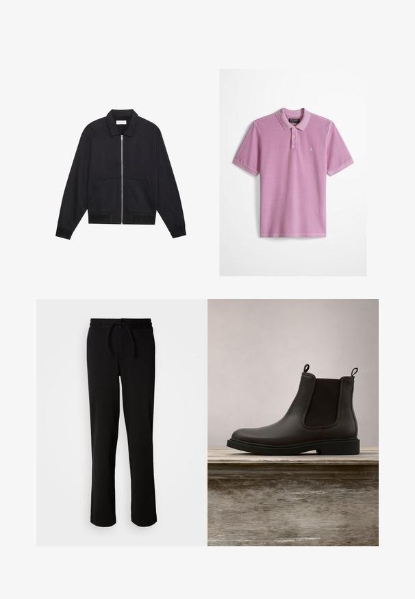 Sort lynlåsjakke med krave, to frontlommer, ribbede manchetter og en struktureret stoffinish. Enkel og moderne design.; Rosa kortærmet poloshirt med to knapper, en krave og en lille hvid broderet logo på venstre bryst.; Sorte sweatpants med snor i taljen, lavet af blødt og strækbart stof. Har en afslappet pasform med lige ben og uden synlige lommer.; Sort læder Chelsea-støvle med elastiske sidepaneler og stropper svævende over en træbænk udendørs med græs som baggrund.