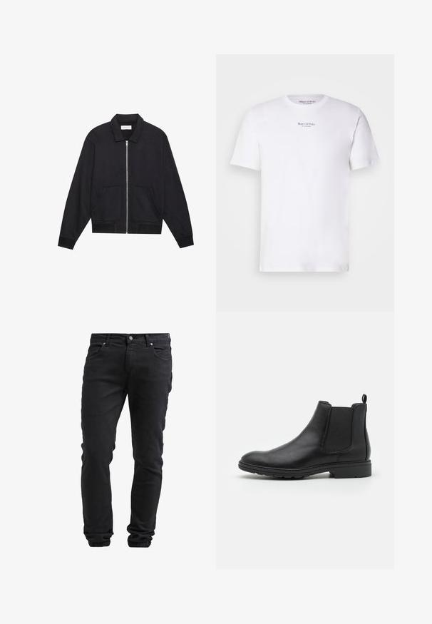 Sort lynlåsjakke med krave, to frontlommer, ribbede manchetter og en struktureret stoffinish. Enkel og moderne design.; Hvid kortærmet t-shirt lavet af bomuld med rund hals. Fås med "Marc O'Polo" logo i sort på brystet. Glat tekstur, minimalistisk design.; Sorte slim-fit jeans med knap- og lynlås-lukning, fem lommer og elastiske manchetter ved anklerne.; Sort læder Chelsea-boot med elastiske sidepaneler og en løftestrop, der har en rund tå og en tekstureret gummisål.