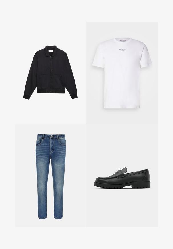 Schwarze Zip-Jacke mit Kragen, zwei Fronttaschen, gerippten Bündchen und einer strukturierten Stoffoberfläche. Einfaches und modernes Design.; Weißes T-Shirt mit kurzen Ärmeln aus Baumwolle und Rundhalsausschnitt. Mit dem schwarzen "Marc O'Polo"-Logo auf der Brust. Glatte Textur, minimalistisches Design.; Blaue gerade geschnittene Jeans mit vorderer Knopfleiste und Reißverschluss, Gürtelschlaufen sowie Vorder- und Gesäßtaschen.; Schwarze Lederloafer mit runder Zehenform, ausgestattet mit einem gesteppten Design, niedrigem Plattformsohle und einer strukturierten, genoppten Gummisohle.