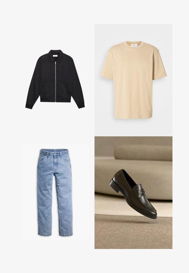 Sort lynlåsjakke med krave, to frontlommer, ribbede manchetter og en struktureret stoffinish. Enkel og moderne design.; Beige kortærmet t-shirt, lavet af blødt stof. Har en rund halsudskæring og en afslappet pasform uden synlige mønstre eller detaljer.; Lyseblå straight-leg denimjeans med forreste knap- og lynlås, bæltestropper og skrå forlommer.; Sort lædersko med slip-on design, svævende over beige tæppe med beige sofa i baggrunden, der fremhæver klassisk herrestil.