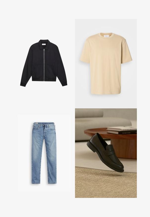 Schwarze Zip-Jacke mit Kragen, zwei Fronttaschen, gerippten Bündchen und einer strukturierten Stoffoberfläche. Einfaches und modernes Design.; Beige Kurzarm-T-Shirt aus weichem Stoff. Es hat einen runden Halsausschnitt und eine legere Passform ohne sichtbare Muster oder Akzente.; Hellblaue Denim-Jeans mit geradem Schnitt. Sie verfügen über einen Knopfverschluss, fünf Taschen und eine leicht verwaschene Textur.; Schwarzer Lederloafer-Schuh schwebt über einem beige gewebten Teppich, mit einem Holztisch und gestapelten Büchern in einem sanft beleuchteten Wohnzimmer.