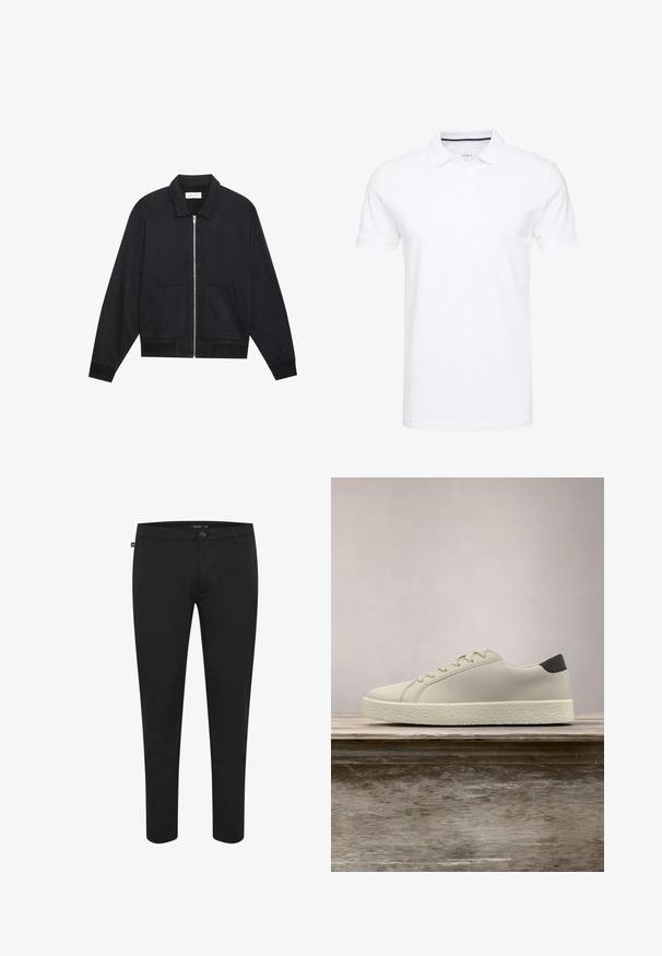 Sort lynlåsjakke med krave, to frontlommer, ribbede manchetter og en struktureret stoffinish. Enkel og moderne design.; Hvid polo t-shirt lavet af bomuld, med en traditionel krave, korte ærmer og en tre-knap lukning med diskrete marineblå accenter på indersiden.; Sorte bukser lavet af glat stof. Har en knaplukning, bæltesløjfer og et slim fit-design med tapered ben. Ingen synlige mønstre.; Hvid sneaker med tekstureret sål og sort hældetalje, svævende over en træbænk med højt grønt græs i baggrunden.
