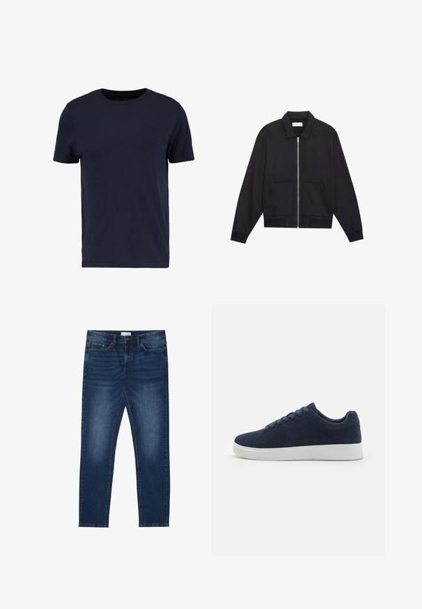 Zwarte ritssluiting jack met een kraag, twee voorkruiszakken, ribgebreide manchetten en een textuurstofafwerking. Eenvoudig en modern ontwerp.; Pier One T-shirt basic - dark blue; Donkerblauwe slim-fit jeans met vervaagde details, klassiek vijf-pocket ontwerp, knoopsluiting en riemlussen.; Marineblauwe suède sneakers met een ronde neus, witte rubberen zool en zes veterogen. Glad textuur en minimaal ontwerp. Zijaanzicht weergegeven.