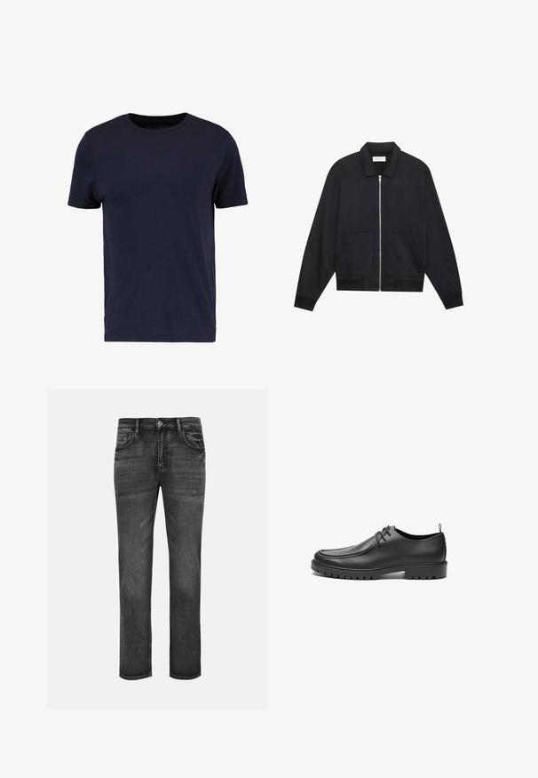Veste noire zippée avec col, deux poches avant, poignets côtelés et finition en tissu texturé. Design simple et moderne.; Pier One by Zalando T-shirt basique - dark blue; Jean en denim noir à coupe droite, présentant un léger délavage et une légère usure. Design classique à cinq poches avec fermeture bouton standard.; Chaussures en cuir noir avec une finition lisse, bout arrondi et coutures décoratives. Elles possèdent une semelle en caoutchouc avec des rainures de traction et un laçage.