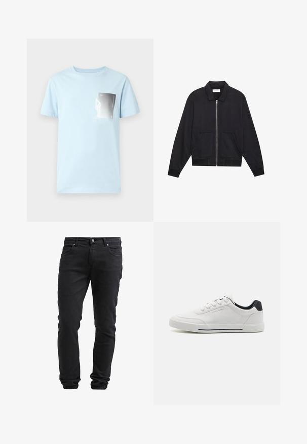 Sort lynlåsjakke med krave, to frontlommer, ribbede manchetter og en struktureret stoffinish. Enkel og moderne design.; Lyseblå bomulds t-shirt med korte ærmer og rund halsudskæring. Har et rektangulært grafisk print i sort og hvidt på venstre bryst.; Sorte slim-fit jeans med knap- og lynlås-lukning, fem lommer og elastiske manchetter ved anklerne.; Hvide sneakers med en glat syntetisk overdel, rund tå, snørebåndsdesign, marineblå accent på hælen og en tekstureret gummisål med en sort stribe.