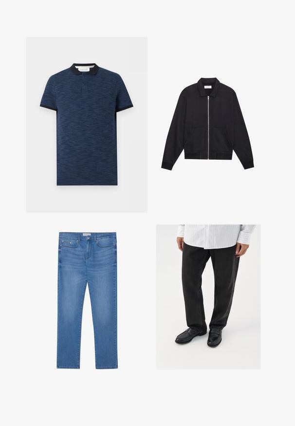 Veste noire zippée avec col, deux poches avant, poignets côtelés et finition en tissu texturé. Design simple et moderne.; Polo bleu marine à manches courtes avec un motif texturé subtil, col et poignets noirs, et patte de boutonnage à deux boutons.; Jeans en denim bleu clair avec une coupe droite, design à cinq poches, décoloration subtile et accents en métal au niveau de la taille et des poches.; Pantalons en denim noir associés à des mocassins noirs brillants. La chemise est blanche avec de fines rayures verticales, avec des manches longues et un col boutonné.