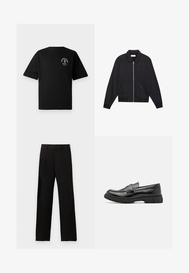 Veste noire zippée avec col, deux poches avant, poignets côtelés et finition en tissu texturé. Design simple et moderne.; T-shirt noir à manches courtes avec un petit logo blanc sur la poitrine représentant une cafetière et le texte "Cortado Coffee Original 2013."; Pantalon noir droit avec passants de ceinture et poches latérales sur fond blanc uni.; Mocassin en cuir noir avec une large sangle sur le devant, semelle en caoutchouc à épaisse rainure, et texture lisse. Design classique et élégant.