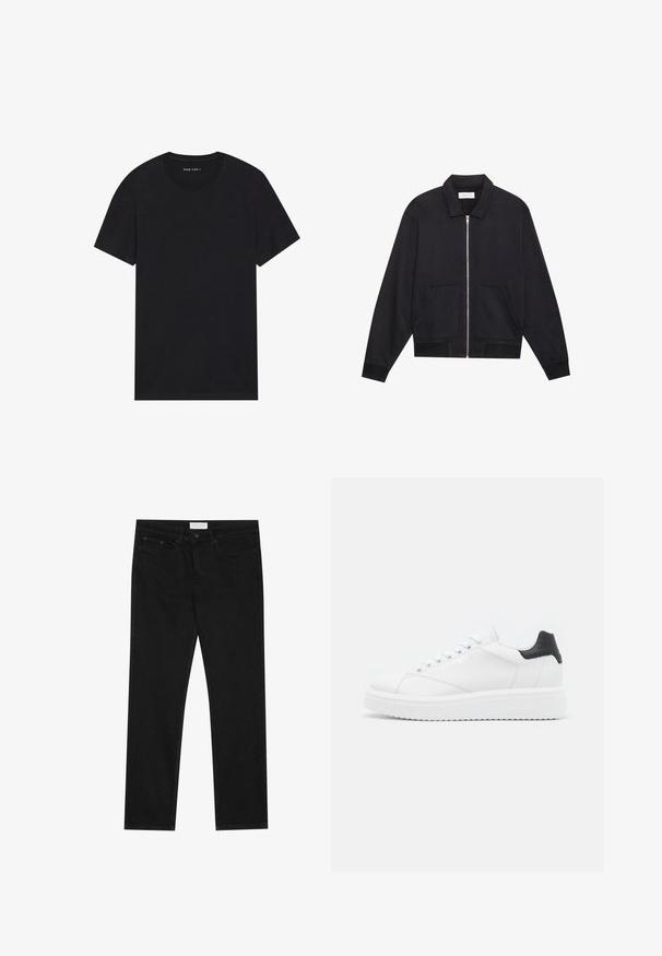 Veste noire zippée avec col, deux poches avant, poignets côtelés et finition en tissu texturé. Design simple et moderne.; T-shirt en coton noir à manches courtes et col rond. Le tissu a une texture lisse et un design simple et uni.; Jean droit noir avec un design à cinq poches, fermeture à bouton et zip, et une étiquette de marque Pier One sur la taille.; Baskets en cuir blanc avec un empiècement noir à l'arrière, lacets plats, semelle intermédiaire texturée et logo sur le côté extérieur. Conçues pour une utilisation décontractée.