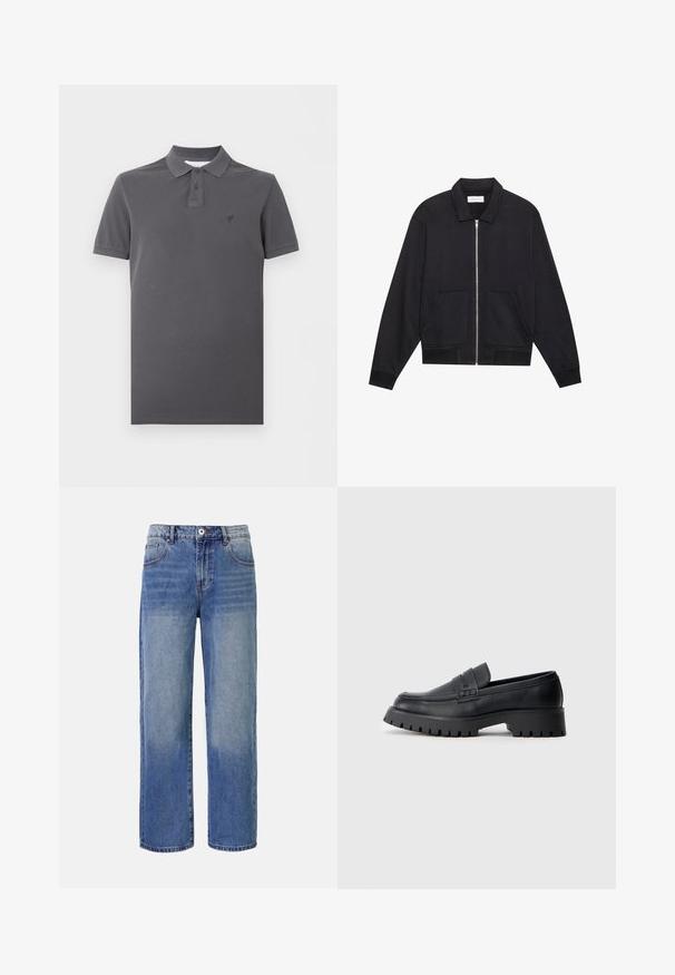 Veste noire zippée avec col, deux poches avant, poignets côtelés et finition en tissu texturé. Design simple et moderne.; Polo gris foncé à manches courtes avec patte de boutonnage à deux boutons et logo brodé discret sur la poitrine gauche, sur fond blanc.; Jeans en denim bleu clair à jambes larges avec un motif délavé, cinq poches et une fermeture à glissière. Comprend un bouton et des passants de ceinture à la taille.; Mocassins en cuir noir avec un bout arrondi, présentant une sangle décorative et une semelle en caoutchouc épaisse avec de profonds crampons pour une meilleure adhérence.