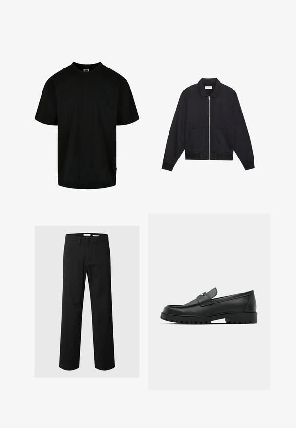 Schwarze Zip-Jacke mit Kragen, zwei Fronttaschen, gerippten Bündchen und einer strukturierten Stoffoberfläche. Einfaches und modernes Design.; Schwarzes T-Shirt aus Baumwolle, mit Rundhalsausschnitt und kurzen Ärmeln in lockerer Passform. Einfaches Design, ohne Muster oder Grafiken.; Schwarze gerade geschnittene Hose mit Knopf- und Reißverschluss, Gürtelschlaufen und vorderen Taschen auf einfarbigem Hintergrund.; Schwarze Lederloafer mit runder Zehenform, ausgestattet mit einem gesteppten Design, niedrigem Plattformsohle und einer strukturierten, genoppten Gummisohle.