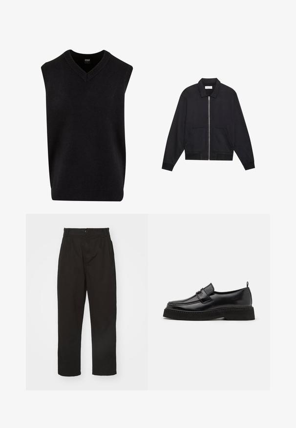 Chaqueta negra con cremallera y cuello, dos bolsillos frontales, puños acanalados y un acabado de tela texturizada. Diseño simple y moderno.; Jersey sin mangas negro con escote en V, hecho de un material suave, que cuenta con un escote y dobladillo de canalé. Diseño simple y clásico.; Pantalones negros de tela suave, con cierre de botón, corte recto y dos pliegues frontales que añaden detalle.; Zapatos estilo mocasín de cuero negro con suela plana y texturizada, con puntera cosida y una correa a lo largo del empeine.
