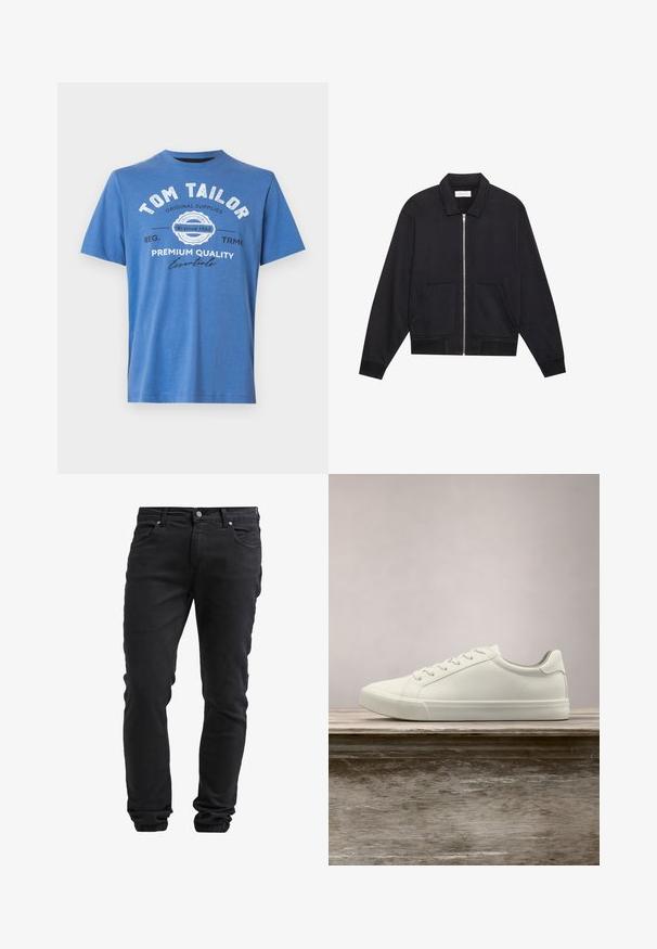Sort lynlåsjakke med krave, to frontlommer, ribbede manchetter og en struktureret stoffinish. Enkel og moderne design.; Blå kortærmet T-shirt lavet af bomuld. Har trykt tekst med "TOM TAILOR" og logo. Klassisk rund halsudskæring og lige kant.; Sorte slim-fit jeans med knap- og lynlås-lukning, fem lommer og elastiske manchetter ved anklerne.; Hvide snørresneakers svævende over en træbænk med grønne planter i baggrunden, der fremhæver skodesign og tekstur.