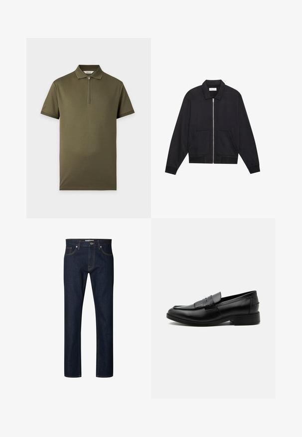 Veste noire zippée avec col, deux poches avant, poignets côtelés et finition en tissu texturé. Design simple et moderne.; Polo vert olive à manches courtes avec col zippé, poignets côtelés et sans motifs ni logos visibles, présenté sur un fond uni.; Jean en denim bleu foncé à jambes droites avec coutures orange visibles, bouton devant, fermeture éclair et design à cinq poches.; Mocassin homme en cuir noir avec détail pompon, bout arrondi, talon bas et finition polie lisse, montré de profil sur fond blanc.