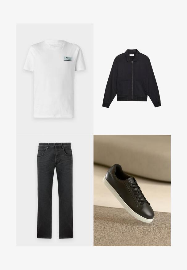 Chaqueta negra con cremallera y cuello, dos bolsillos frontales, puños acanalados y un acabado de tela texturizada. Diseño simple y moderno.; Camiseta de algodón blanca con un pequeño parche de logo azul y negro en el pecho. El diseño es simple, con cuello redondo y mangas cortas.; Pantalones vaqueros negros de corte recto, hechos de denim, con cinco bolsillos, trabillas para el cinturón y un cierre de botón con cremallera. Textura ligeramente deslavada.; Zapatilla de cuero negra con suela de goma blanca y cordones negros, posicionada sobre una superficie y fondo de tela beige.