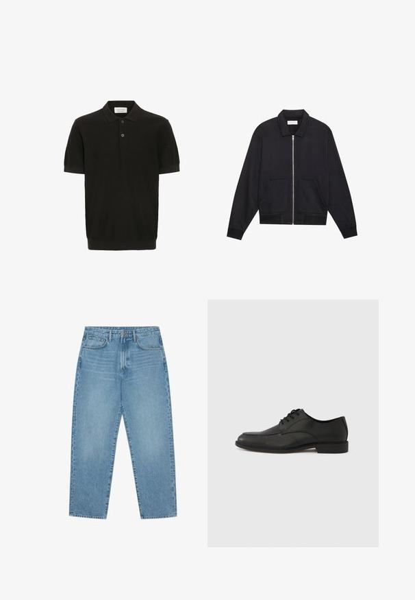 Zwarte ritssluiting jack met een kraag, twee voorkruiszakken, ribgebreide manchetten en een textuurstofafwerking. Eenvoudig en modern ontwerp.; Zwarte polo met korte mouwen en een gestructureerde afwerking, drie-knoopsluiting en een klassieke kraag. Heeft een snug ribbelafwerking aan de onderkant.; Lichtblauwe denim jeans met een rechte pijp, vijfzakkenontwerp en een licht verweerde look. Voorzien van een knoop- en ritssluiting.; Zwarte leren veterschoen met een gladde afwerking, een ronde neus en een lage rubberen hak. Voorzien van subtiele stikseldetails op het bovenwerk.