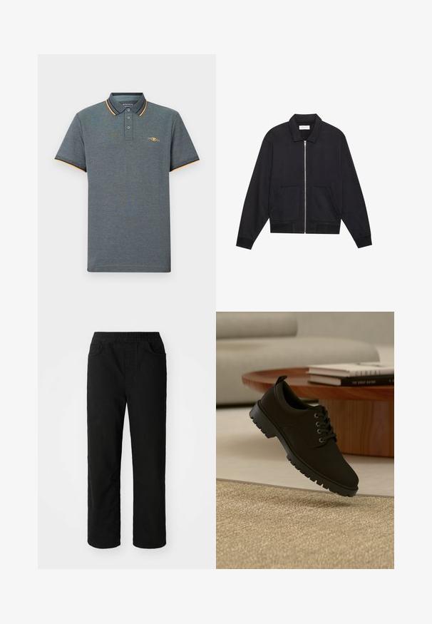 Veste noire zippée avec col, deux poches avant, poignets côtelés et finition en tissu texturé. Design simple et moderne.; Polo gris en tissu texturé, avec une patte de boutonnage à trois boutons, des accents de col bleu clair et orange, et un petit logo sur la poitrine.; Pantalons en coton noir avec une coupe décontractée, taille élastique, deux poches avant et jambes droites. Texture lisse sans motifs visibles.; Chaussure noire en cuir à lacets avec semelle épaisse flottant au-dessus d'un tapis beige dans un salon minimaliste.