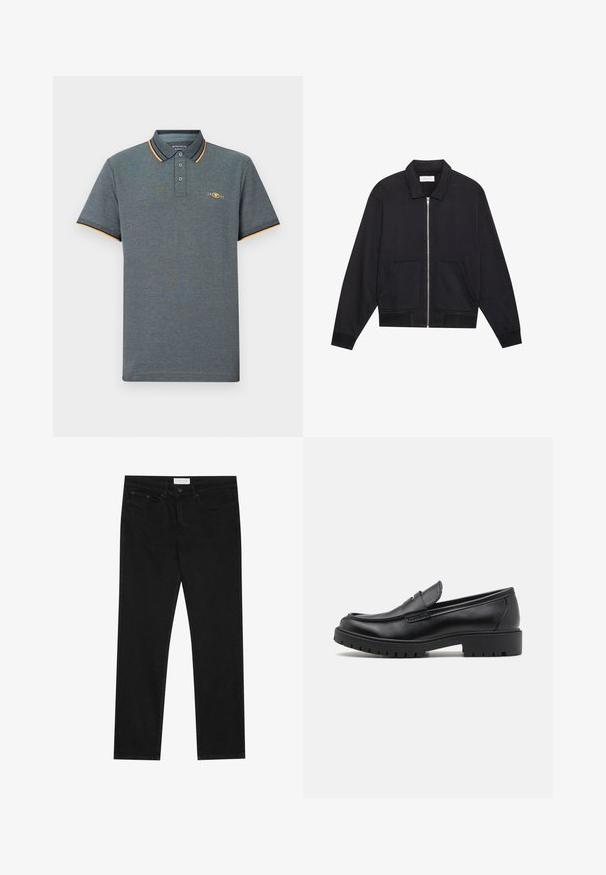 Sort lynlåsjakke med krave, to frontlommer, ribbede manchetter og en struktureret stoffinish. Enkel og moderne design.; Grå polo shirt med et tekstureret stof, der har en tre-knaps placket, lyseblå og orange kraveaccenter samt et lille logo på brystet.; Sorte lige ben jeans med fem-lomme design, knap- og lynlåslukning samt et Pier One mærkeetiket på taljen.; Sorte læder loafers med rund tå, slip-on design og tyk gummisål med tekstureret greb. Forhøjet hæl og subtile syninger.