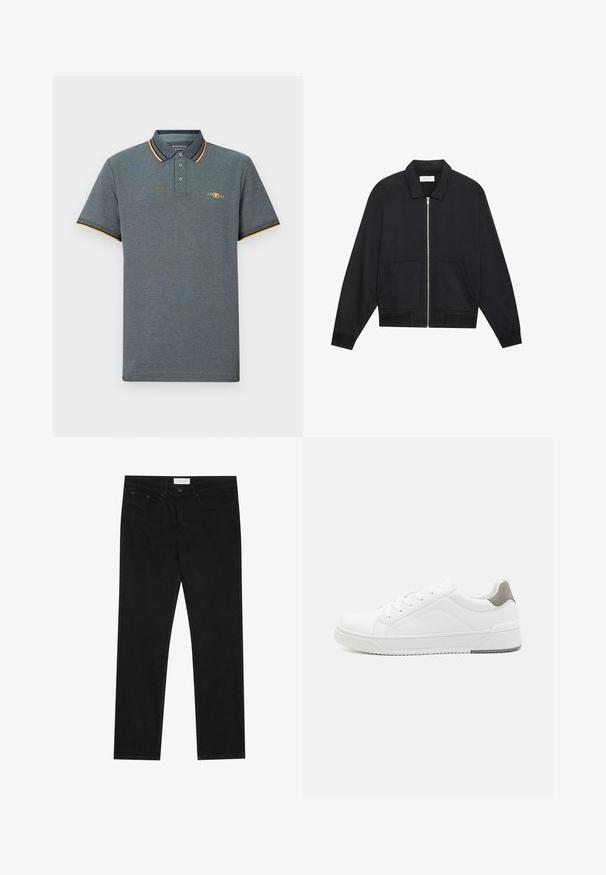 Sort lynlåsjakke med krave, to frontlommer, ribbede manchetter og en struktureret stoffinish. Enkel og moderne design.; Grå polo shirt med et tekstureret stof, der har en tre-knaps placket, lyseblå og orange kraveaccenter samt et lille logo på brystet.; Sorte lige ben jeans med fem-lomme design, knap- og lynlåslukning samt et Pier One mærkeetiket på taljen.; Hvid sneaker lavet af glat læder, rund tå, minimalistisk design, grå hælafsats og tekstureret gummisål.
