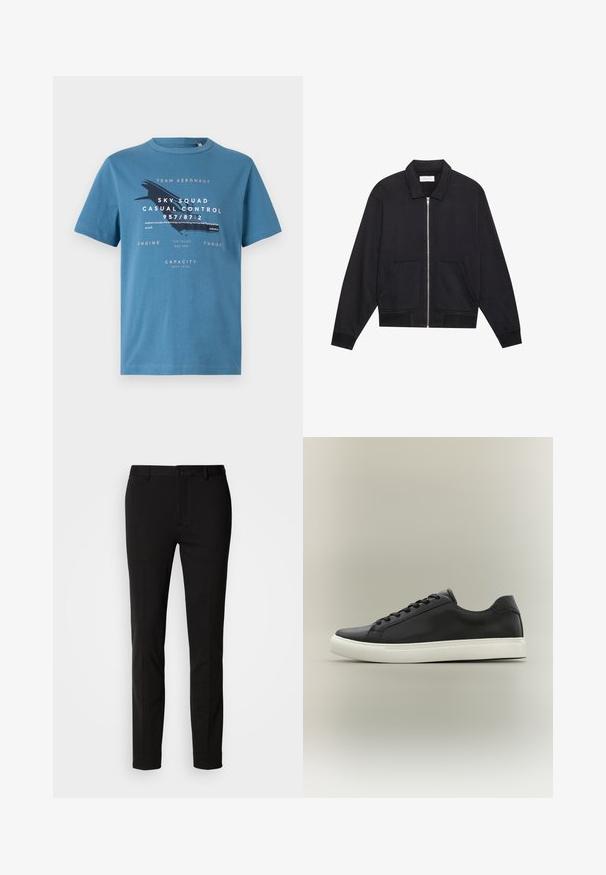 Schwarze Zip-Jacke mit Kragen, zwei Fronttaschen, gerippten Bündchen und einer strukturierten Stoffoberfläche. Einfaches und modernes Design.; Blaues Baumwoll-T-Shirt mit kurzen Ärmeln, das auf der Vorderseite grafischen Text und ein Flugzeugdesign zeigt. Rundhalsausschnitt und normale Passform.; Schwarze Hose mitSlim-Fit, ausgestattet mit einem Knopfverschluss und Gürtelschlaufen. Aus glattem Stoff mit leichtem Glanz, ohne erkennbare Muster.; Schwarzer Sneaker mit niedrigem Schnitt, weißer Gummisohle und schwarzen Schnürsenkeln, im Seitenprofil vor neutralem Hintergrund dargestellt.