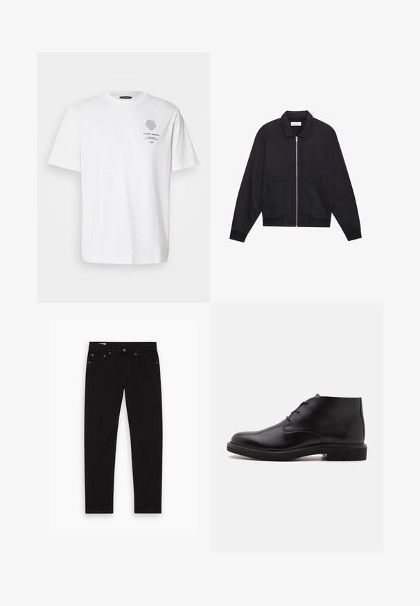 Schwarze Zip-Jacke mit Kragen, zwei Fronttaschen, gerippten Bündchen und einer strukturierten Stoffoberfläche. Einfaches und modernes Design.; Weißes Baumwoll-T-Shirt mit rundem Halsausschnitt, kurzen Ärmeln und einem grauen Logo- und Textdruck auf der Vorderseite.; Schwarze gerade Jeans mit Vorder- und Gesäßtaschen, Gürtelschlaufen sowie einem Knopf- und Reißverschluss, flach auf einem weißen Hintergrund ausgelegt.; Schwarzer Lederknöchelstiefel mit drei Ösen, abgerundeter Spitze und flacher Sohle auf einfachem hellem Hintergrund.