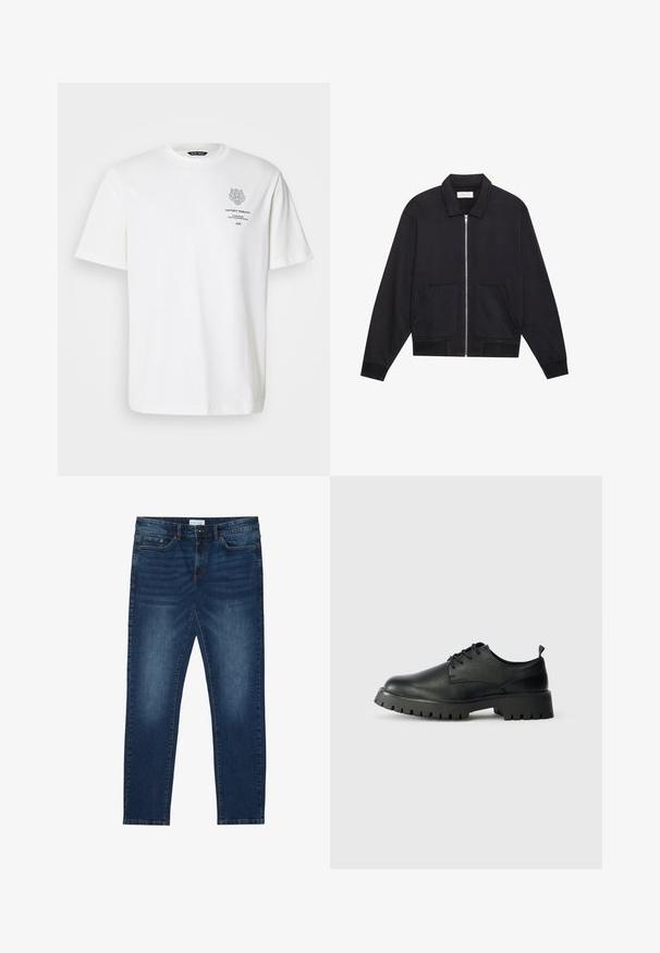 Sort lynlåsjakke med krave, to frontlommer, ribbede manchetter og en struktureret stoffinish. Enkel og moderne design.; Hvid bomulds t-shirt med rund halsudskæring, korte ærmer og et trykt logo og tekstdesign på forsiden i grå.; Mørkeblå slim-fit jeans med falmede detaljer, klassisk fem-lomme design, knappelukning og bæltestropper.; Sorte læder snøresko med rund tå, tekstureret overflade og kraftig gummisål med dybe riller for bedre greb.
