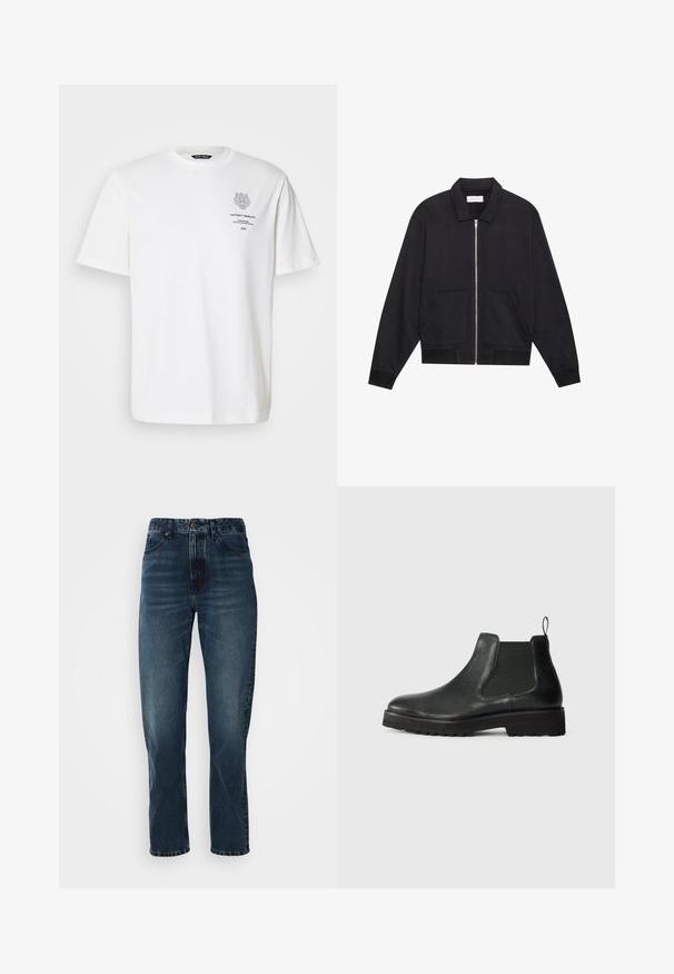 Chaqueta negra con cremallera y cuello, dos bolsillos frontales, puños acanalados y un acabado de tela texturizada. Diseño simple y moderno.; Camiseta de algodón blanca con cuello redondo, mangas cortas y un diseño impreso de logo y texto en la parte delantera en gris.; Jeans de pierna recta azul oscuro con cierre frontal de botón y cremallera, diseño de cinco bolsillos y un ligero desgaste en los muslos y las rodillas.; Bota chelsea de cuero negro con panel lateral elástico, puntera redondeada, suela texturizada y pequeña lengüeta en el talón.