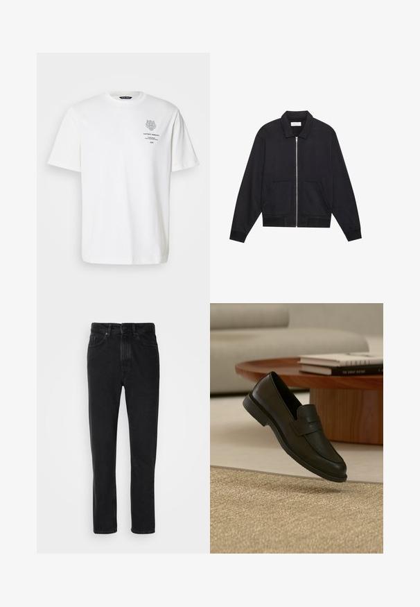 Sort lynlåsjakke med krave, to frontlommer, ribbede manchetter og en struktureret stoffinish. Enkel og moderne design.; Hvid bomulds t-shirt med rund halsudskæring, korte ærmer og et trykt logo og tekstdesign på forsiden i grå.; Sorte denim jeans med lige ben-design, med knap- og lynlåslukning, forlommer og subtile teksturer.; Sort læderloafer vist i luften over en beige vævet tæppe, med et træbord og stablede bøger i et blødt oplyst stue.