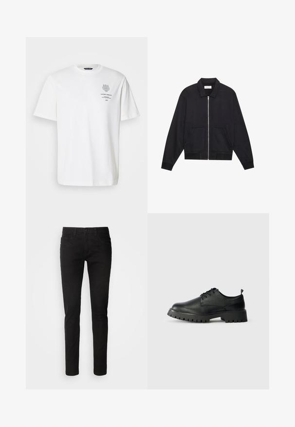 Veste noire zippée avec col, deux poches avant, poignets côtelés et finition en tissu texturé. Design simple et moderne.; T-shirt en coton blanc avec un col rond, des manches courtes et un motif de logo et de texte imprimé à l'avant en gris.; Jean en denim noir avec une coupe slim, un design à cinq poches, fermeture éclair, et une texture lisse et propre. Taille standard avec passants de ceinture.; Chaussures en cuir noir à lacets avec un bout arrondi, surface texturée et semelle en caoutchouc épaisse dotée de profondes rainures pour une meilleure adhérence.
