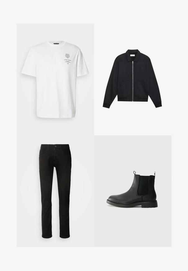 Chaqueta negra con cremallera y cuello, dos bolsillos frontales, puños acanalados y un acabado de tela texturizada. Diseño simple y moderno.; Camiseta de algodón blanca con cuello redondo, mangas cortas y un diseño impreso de logo y texto en la parte delantera en gris.; Jeans de mezclilla negra con un diseño de pierna recta, que cuentan con dos bolsillos frontales y un cierre de botón. Textura suave y acabado limpio.; Botas Chelsea de cuero negro con paneles laterales elásticos, lengüetas para tirar, puntera redondeada y suela de goma texturizada. Superficie lisa y diseño robusto.