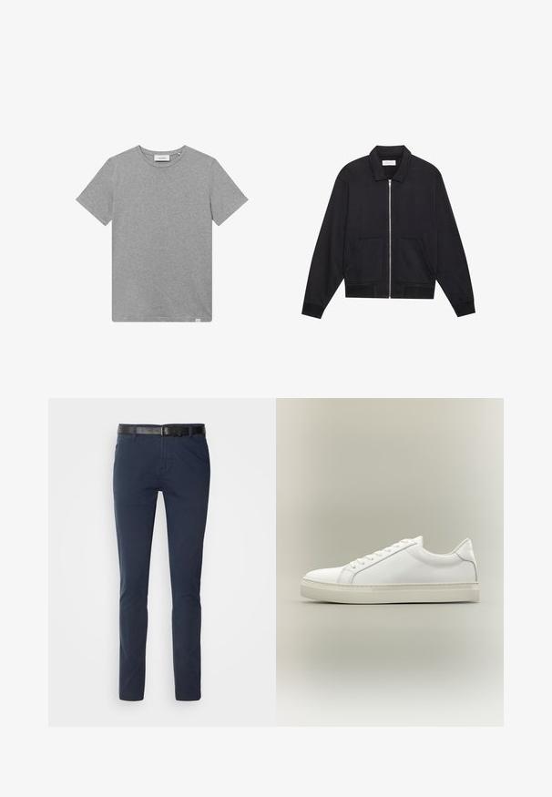 Schwarze Zip-Jacke mit Kragen, zwei Fronttaschen, gerippten Bündchen und einer strukturierten Stoffoberfläche. Einfaches und modernes Design.; Graues kurzärmeliges T-Shirt aus einem Baumwoll-Mischgewebe. Es verfügt über einen runden Halsausschnitt und ein kleines Logodetail auf der linken Vorderseite.; Marineblaue Baumwollhose im slim fit, mit einem strukturierten schwarzen Ledergürtel und klassischen Taschen. Schlichtes Design, ohne Muster.; Weißer Sneaker mit niedrigem Schaft, vorn mit Schnürung und dicker Sohle, aus der Seitenansicht vor neutralem Hintergrund.