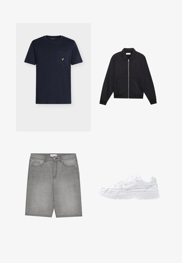 Veste noire zippée avec col, deux poches avant, poignets côtelés et finition en tissu texturé. Design simple et moderne.; T-shirt en coton bleu marine avec un col rond, des manches courtes et une poche poitrine ornée d'un petit logo d'oiseau jaune.; Shorts en denim gris avec fermeture par bouton et zipper, cinq poches, et coutures contrastées, présentant une coupe droite et un ourlet net.; Nike Sportswear P 6000 UNISEX - Baskets basses - white/platinum tint