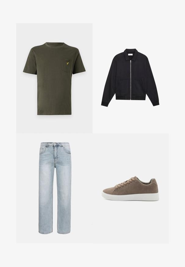 Veste noire zippée avec col, deux poches avant, poignets côtelés et finition en tissu texturé. Design simple et moderne.; T-shirt en coton vert olive avec un col rond, des manches courtes et une poche sur la poitrine gauche ornée d'un petit logo jaune. Texture lisse.; Jean bleu clair à jambes droites avec poches avant, fermeture par bouton et légère décoloration sur les cuisses et les genoux.; Baskets en daim marron avec des semelles en caoutchouc blanc plat, design lacé, bout rond et texture lisse. Style minimaliste avec des détails de couture subtils.