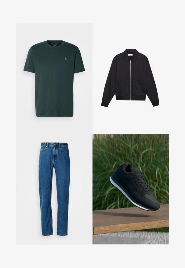 Schwarze Zip-Jacke mit Kragen, zwei Fronttaschen, gerippten Bündchen und einer strukturierten Stoffoberfläche. Einfaches und modernes Design.; Dunkelgrünes T-Shirt aus weichem Stoff, mit Rundhalsausschnitt und kurzen Ärmeln. Besticktes Logo auf der linken Brust.; Blaue gerade geschnittene Jeans aus Denim mit fünf Taschen und vorderem Knopfverschluss vor einem weißen Hintergrund.; Schwarzer Sportschuh mit strukturiertem Obermaterial, Schnürdesign und kontrastierender weißer Mittelsohle; in der Luft über einer Holzoberfläche schwebend.