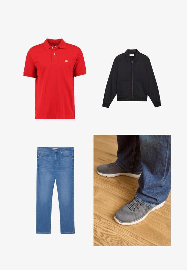 Chaqueta negra con cremallera y cuello, dos bolsillos frontales, puños acanalados y un acabado de tela texturizada. Diseño simple y moderno.; Camisa polo roja de algodón texturizado con cuello clásico, mangas cortas, tapeta de dos botones y un pequeño logo verde en el pecho.; Jeans de mezclilla azul claro con corte recto, diseño de cinco bolsillos, un ligero desgaste y detalles en metal en la cintura y los bolsillos.; Zapatillas deportivas grises con parte superior de malla, suela blanca y cordones elásticos. Combinadas con unos vaqueros de mezclilla azules, sobre un suelo de madera.