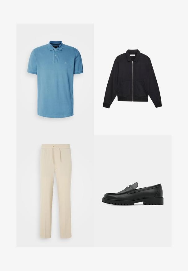 Schwarze Zip-Jacke mit Kragen, zwei Fronttaschen, gerippten Bündchen und einer strukturierten Stoffoberfläche. Einfaches und modernes Design.; Helles blaues Poloshirt aus Baumwolle, mit klassischem Kragen, Drei-Knopf-Leiste und kleinem gesticktem Logo auf der Brust.; Beige, elastische Hosen mit einem Kordelzug. Sie haben gerade Beine und eine glatte Textur, geeignet für Freizeit oder Entspannung.; Schwarze Lederloafer mit runder Zehenform, ausgestattet mit einem gesteppten Design, niedrigem Plattformsohle und einer strukturierten, genoppten Gummisohle.