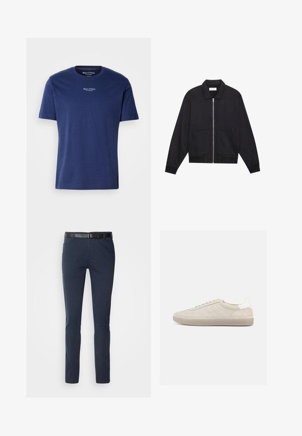 Sort lynlåsjakke med krave, to frontlommer, ribbede manchetter og en struktureret stoffinish. Enkel og moderne design.; Mørkeblå bomulds T-shirt med korte ærmer, rund udskæring og lille hvidt logo på brystet. Glat tekstur og afslappet pasform.; Marineblå bomuldsbukser med slim fit, udstyret med et struktureret sort læderbælte og klassiske lommer. Rent design, uden mønstre.; Beige ruskindssneaker med en tekstureret overdel, glat hvid hælkappe, tynde snørebånd og en gummi-ydersål. Har et lavt profil design.