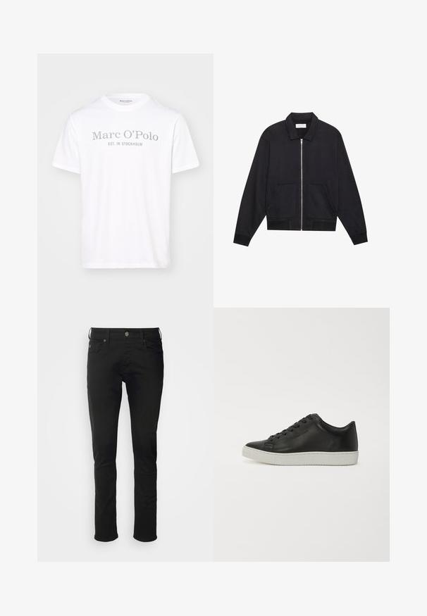 Zwarte ritssluiting jack met een kraag, twee voorkruiszakken, ribgebreide manchetten en een textuurstofafwerking. Eenvoudig en modern ontwerp.; Witte katoenen T-shirt met een ronde hals, korte mouwen en grijze opdruk met de tekst "Marc O'Polo EST. IN STOCKHOLM."; Zwarte katoenen spijkerbroek met een rechte pijp, voorzien van een voorste knoopsluiting, ceintuurlussen en standaardzakken met een zachte textuur.; Zwarte leren sneakers met een ronde neus, een platte witte rubberen zool en een vetersluiting met zes oogjes. Gladde textuur, minimalistische stijl.