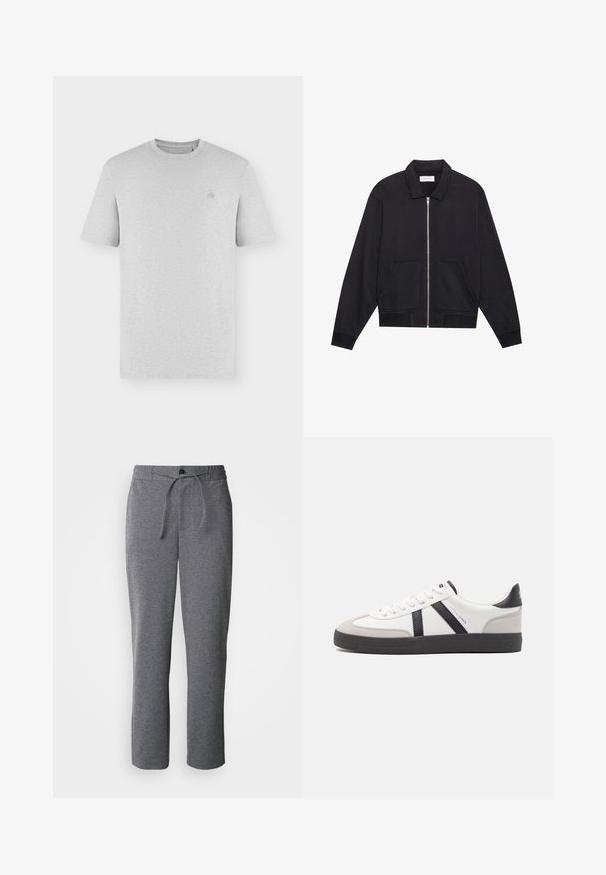 Veste noire zippée avec col, deux poches avant, poignets côtelés et finition en tissu texturé. Design simple et moderne.; T-shirt uni gris clair à manches courtes, col rond, avec un petit logo brodé discret sur le côté gauche de la poitrine.; Pantalons de survêtement gris en tissu doux, dotés d'une taille élastique avec cordon de serrage, de jambes droites et d'un design simple et épuré.; Baskets blanches avec des accents noirs et gris, présentant un embout texturé gris, une semelle en caoutchouc noir et des lacets plats blancs. Design épuré, style minimaliste.
