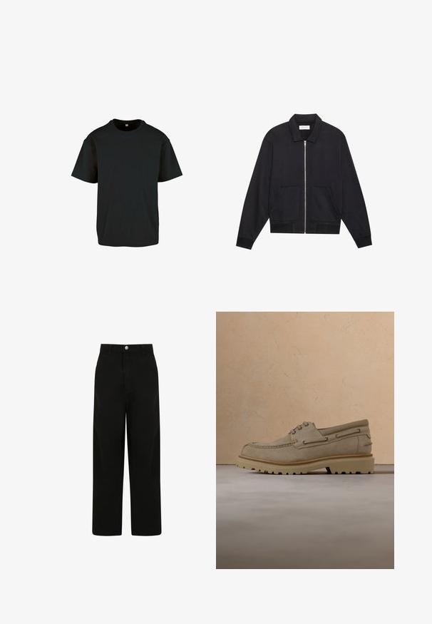Sort lynlåsjakke med krave, to frontlommer, ribbede manchetter og en struktureret stoffinish. Enkel og moderne design.; Sort bomulds T-shirt med rund hals og korte ærmer; har en afslappet pasform og en glat, struktureret overflade.; Sorte brede benbukser lavet af bomuld. Har en frontknaplukning, to sidelommer og et afslappet pasform-design.; Beige ruskind casual snørestøvle med tyk, rillet sål, vist i luften over matchende beige struktureret overflade og baggrund.